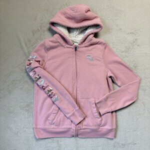 Abercrombie Kids Hoodie Girls 15/16 Pink Sequin‎ Spell Out Sherpa-Lined Zip-Up